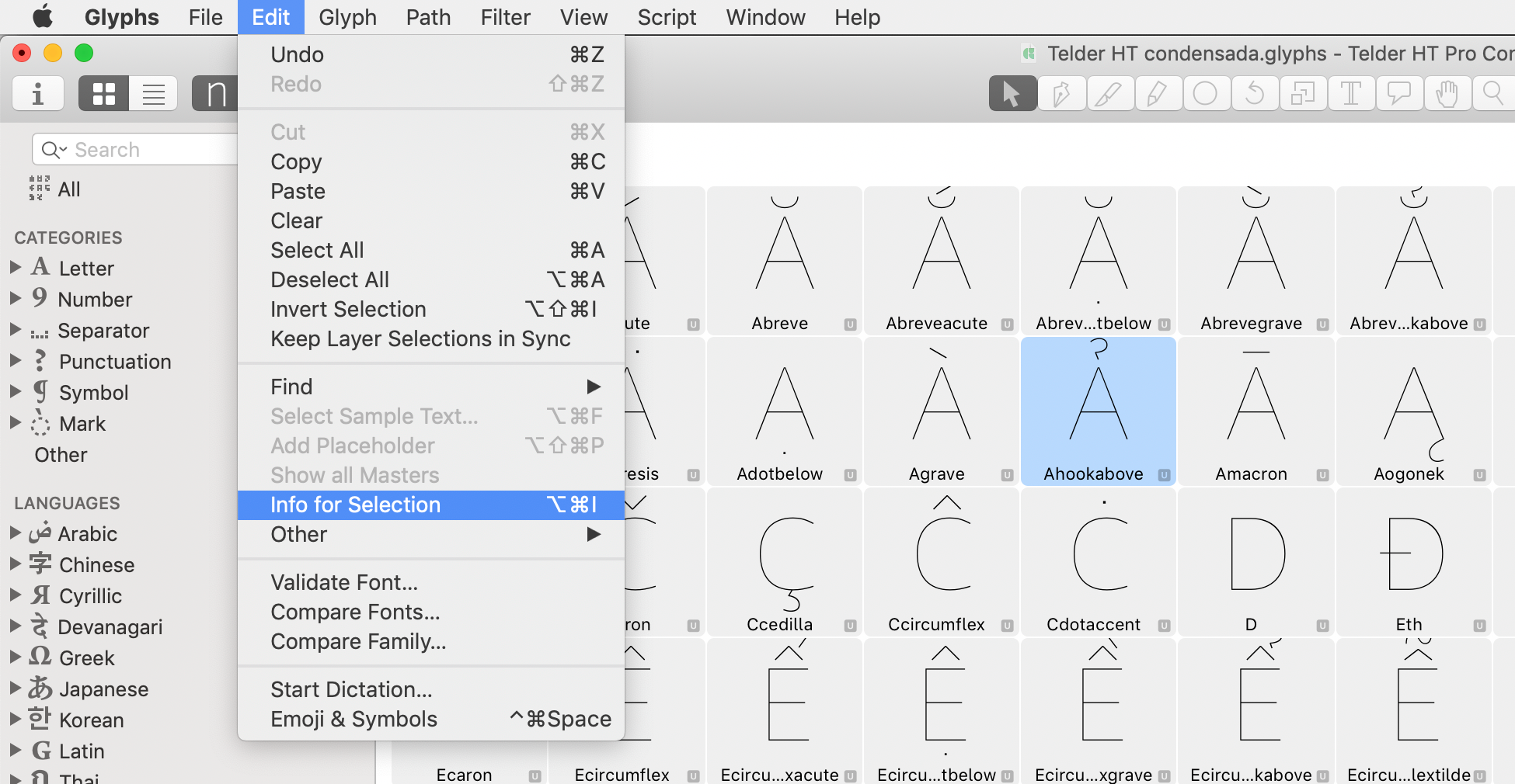 Edit > Info for Selection menu