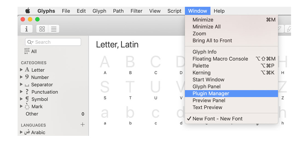 Window / Plugin Manager in Glyphs 3